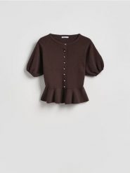 Kardigan z baskinką - brązowy. Brązowe swetry Reserved, l, bez wzorów, z bawełny, bez ramiączek. Za 139.99 zł.