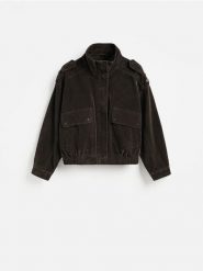 Kurtka z imitacji zamszu - ciemnobrązowy. Brązowe kurtki Reserved, l, bez wzorów, z tkaniny, bez kaptura. Za 279.99 zł.