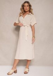 Beżowa Wiskozowa Sukienka Koszulowa z Wiązanym Paskiem w Talii Vanisti. Brązowe sukienki Renee, na co dzień, l, bez wzorów, z wiskozy, eleganckie, bez kołnierzyka, bez ramiączek, midi, dopasowane. W wyprzedaży za 63.99 zł.