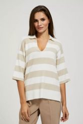 Sweter w szerokie pasy z krótkimi rękawami i dekoltem w serek beżowy. Brązowe swetry MOODO, l, bez wzorów, bez ramiączek. W wyprzedaży za 35.99 zł.