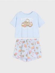 Bawełniana piżama dwuczęściowa z nadrukiem Pusheen the Cat - błękitny. Niebieskie piżamy Sinsay, l, bez wzorów, z bawełny, bez kołnierzyka, bez ramiączek. Za 49.99 zł.