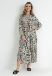 Szara Sukienka Maxi w Cętki z Gumą w Pasie i Plecionym Paskiem z Klamrą Anandra. Szare sukienki Born2be, l, bez wzorów, z gumy, bez kołnierzyka, bez ramiączek, maxi, kopertowe. W wyprzedaży za 135.99 zł.