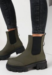 Zielone Botki Proniolea. Zielone botki Born2be, bez wzorów, z materiału, bez obcasa, na płaskiej podeszwie, bez zapięcia. W wyprzedaży za 71.99 zł.
