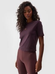 4F T-shirt slim cropped damski - fioletowy L. Fioletowe t-shirty 4f, l, bez wzorów, z bawełny, sportowe, bez kołnierzyka, bez ramiączek. W wyprzedaży za 29.99 zł.