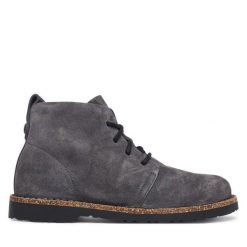 Trzewiki Birkenstock. Szare botki Birkenstock, bez wzorów, bez obcasa, na płaskiej podeszwie, bez zapięcia. Za 769.99 zł.