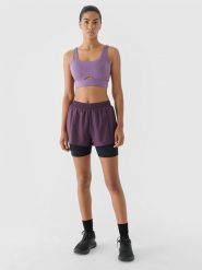 4F Spodenki treningowe 2w1 szybkoschnące damskie - fioletowe XS. Fioletowe szorty sportowe 4f, bez wzorów, z dzianiny, z podwyższonym stanem, do biegania. W wyprzedaży za 59.99 zł.