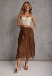 Brązowa Plisowana Spódnica Koktajlowa z Tiulowej Siateczki Aratylia. Brązowe spódnice Renee, na randkę, bez wzorów, z tiulu, eleganckie, midi, dopasowane. Za 69.99 zł.
