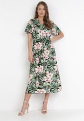 Czarno-Zielona Sukienka Phrixephila. Zielone sukienki Born2be, s, bez wzorów, z materiału, bez kołnierzyka, bez ramiączek, midi, kopertowe. Za 129.99 zł.