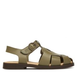 Sandały Fly London. Zielone sandały Fly London, bez wzorów, bez obcasa, na płaskiej podeszwie, bez zapięcia. Za 459.99 zł.