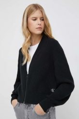 Calvin Klein Jeans kardigan damski kolor czarny ciepły. Czarne swetry Calvin Klein Jeans, l, bez wzorów, z jeansu, bez ramiączek. W wyprzedaży za 404.99 zł.
