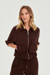 Kurtka z lnem brązowa. Brązowe kurtki MOODO, l, bez wzorów, ze lnu, bez kaptura. Za 149.99 zł.