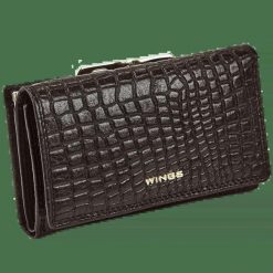 Damski portfel skórzany WINGS z ochroną RFID o pojemnym wnętrzu CROCO BLACK. Czarne portfele Wings, bez wzorów, ze skóry. Za 149.90 zł.
