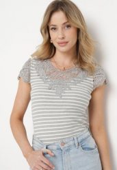 Szary Bawełniany T-shirt z Prążkowanego Materiału z Koronkowym Dekoltem i Rękawkami Hyacintia. Szare t-shirty Born2be, m, bez wzorów, z bawełny, bez kołnierzyka, bez ramiączek. Za 69.99 zł.