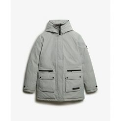 Parka dla kobiet Superdry City. Szare płaszcze Superdry, bez wzorów, z puchu, bez kaptura. W wyprzedaży za 755.60 zł.