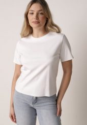 Biały Bawełniany T-shirt w Klasycznym Stylu Hetita. Białe t-shirty Born2be, m, bez wzorów, z bawełny, casualowe, bez kołnierzyka, bez ramiączek. Za 69.99 zł.