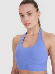 4F Biustonosz treningowy z niskim wsparciem 4F x Anna Lewandowska - niebieski XS. Niebieskie biustonosze sportowe 4f, bez wzorów, z dzianiny, na fitness i siłownię. Za 99.99 zł.