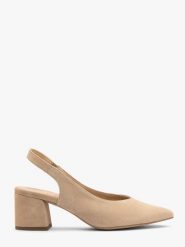 Beżowe czółenka slingback bez pięty ISABEL. Brązowe czółenka Ryłko, bez wzorów, z materiału, eleganckie, bez obcasa, na obcasie, bez zapięcia. Za 349.99 zł.