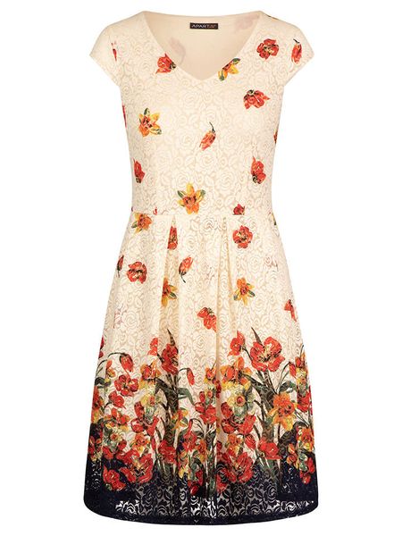 APART Sukienka w kolorze kremowym ze wzorem rozmiar: M. Brązowe sukienki Apart, m, bez wzorów, bez kołnierzyka, bez ramiączek, mini, rozkloszowane. Za 157.35 zł.