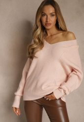 Jasnoróżowy Sweter z Dodatkiem Kaszmiru i Trójkątnym Dekoltem Silefera. Czerwone swetry Renee, bez wzorów, z jeansu, casualowe, bez ramiączek. Za 99.99 zł.