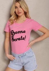 Różowy Casualowy T-shirt z Bawełny Wykończony Cyrkoniowym Napisem Lavisha. Czerwone t-shirty Renee, l, bez wzorów, z bawełny, glamour, bez kołnierzyka, bez ramiączek. W wyprzedaży za 31.99 zł.