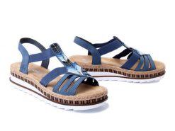 RIEKER V7909-12 blue, sandały damskie. Niebieskie sandały Rieker, bez wzorów, bez obcasa, na koturnie, bez zapięcia. Za 339.90 zł.