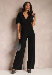 Czarny Kombinezon z Błyszczącą Nicią i Kopertową Górą Relfe. Czarne sukienki Renee, m, bez wzorów, eleganckie, bez kołnierzyka, bez ramiączek, kopertowe. Za 169.99 zł.