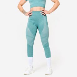Legginsy fitness damskie Domyos. Zielone legginsy DOMYOS, bez wzorów, z elastanu, sportowe. Za 119.99 zł.