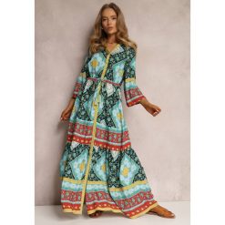 Ciemnozielono-Niebieska Sukienka Enysius. Niebieskie sukienki Renee, l, bez wzorów, boho, bez kołnierzyka, bez ramiączek, maxi. W wyprzedaży za 75.99 zł.