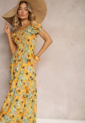 Beżowo-Żółta Rozkloszowana Sukienka Hiszpanka z Wiskozy w Kwiatowy Wzór Viseria. Brązowe sukienki Renee, bez wzorów, z materiału, bez kołnierzyka, bez ramiączek, maxi, rozkloszowane. W wyprzedaży za 51.99 zł.