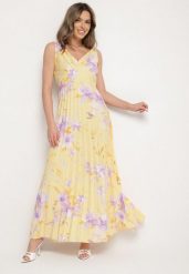 Żółta Sukienka o Rozkloszowanym Kroju z Plisami i Dekoltem w Serek Nitolina. Żółte sukienki Born2be, na co dzień, l, bez wzorów, z jeansu, bez kołnierzyka, bez ramiączek, maxi, rozkloszowane. Za 119.99 zł.