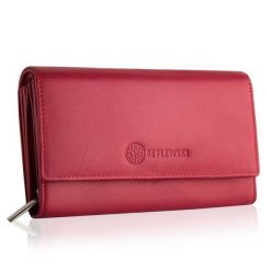 Portfel damski BETLEWSKI BPD-SS-12 CZERWONY. Czerwone portfele Betlewski, bez wzorów, ze skóry. Za 139.99 zł.