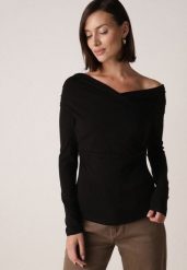 Czarna Bluzka z Bawełną Dekoltem Typu Łódka i Marszczeniem Typhatos. Czarne bluzki Born2be, m, bez wzorów, z bawełny, eleganckie, bez kołnierzyka, bez ramiączek. Za 99.99 zł.
