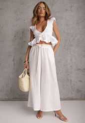 Białe Wiskozowe Spodnie Typu Palazzo High Waist Ozdobione Paskiem Sznurkiem Alemea. Białe jeansy Renee, l, bez wzorów, z jeansu, boho, z podwyższonym stanem, krótkie. Za 79.99 zł.