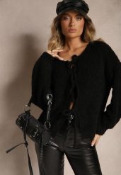 Czarny Kardigan z Wełną Bawełną i Wiskozą Ozdobiony Wiązaniem Lilassea. Czarne swetry Renee, bez wzorów, z bawełny, eleganckie, bez ramiączek. W wyprzedaży za 151.99 zł.