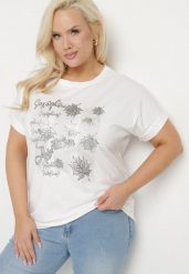 Biały T-shirt z Bawełny o Kroju Nietoperza z Metalicznym Nadrukiem Olisenia. Białe t-shirty Born2be, xl, bez wzorów, z bawełny, bez kołnierzyka, bez ramiączek. Za 69.99 zł.