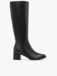 Czarne skórzane kozaki na obcasie. Czarne kozaki Ryłko, bez wzorów, ze skóry, eleganckie, z okrągłym noskiem, bez obcasa, na obcasie, bez zapięcia. Za 749.99 zł.