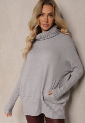 Szary Golf z Wiskozą Bawełną i Wsuwanymi Kieszeniami Vialith. Szare swetry Renee, uniwersalny, bez wzorów, z bawełny, eleganckie, bez ramiączek. W wyprzedaży za 79.99 zł.