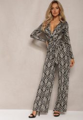 Czarno-Beżowy Kopertowy Kombinezon z Paskiem w Talii i Ozdobnym Wzorem Mirannda. Czarne sukienki Renee, m, bez wzorów, z materiału, eleganckie, bez kołnierzyka, bez ramiączek, kopertowe. W wyprzedaży za 119.99 zł.