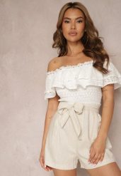Beżowe Szorty z Bawełny z Gumką w Talii i Paskami po Bokach Nellvina. Brązowe szorty Renee, bez wzorów, z bawełny, eleganckie. W wyprzedaży za 43.99 zł.