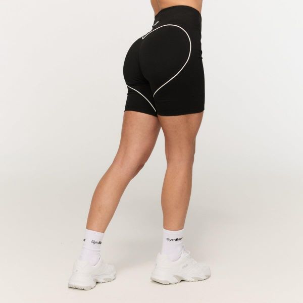 Szorty damskie fitness z wysokim stanem Varsity. Czarne szorty sportowe GYMBEAM, bez wzorów, z bawełny, z podwyższonym stanem, na fitness i siłownię. Za 94.90 zł.