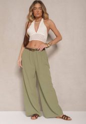 Ciemnozielone Spodnie Palazzo o Szerokim Kroju High Waist Ollevia. Zielone jeansy Renee, l, z aplikacjami, z jeansu, eleganckie, z podwyższonym stanem. W wyprzedaży za 29.99 zł.