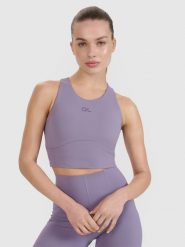 4F Crop top treningowy z wycięciem na plecach 4F x Anna Lewandowska - fioletowy M. Fioletowe topy sportowe 4f, m, bez wzorów, z dzianiny, na fitness i siłownię. Za 99.99 zł.