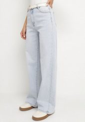 Jasnoniebieskie Bawełniane Szerokie Jeansy z Wysokim Stanem Tunelle. Niebieskie jeansy Born2be, bez wzorów, z bawełny, eleganckie, z podwyższonym stanem. W wyprzedaży za 101.99 zł.