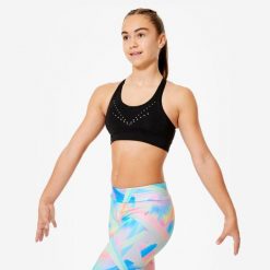 Stanik gimnastyczny Domyos. Czarne body i gorsety DOMYOS, bez wzorów, z elastanu, bez ramiączek. Za 49.99 zł.
