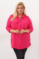 Amarantowa bluzka koszula Celia długi rękaw PLUS SIZE XXL. Czerwone bluzki Nasi partnerzy, plus size, bez wzorów, z poliesteru, eleganckie, bez kołnierzyka, plus size, bez ramiączek. Za 169.90 zł.