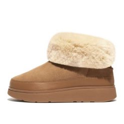 Buty FitFlop GEN-FF Mini Double-Faced Shearling Boots W GS6-A69 beżowy. Brązowe śniegowce bez wzorów, z materiału, bez zapięcia. Za 702.66 zł.