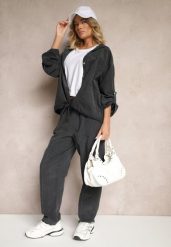 Ciemnoszare Bawełniane Spodnie High Waist w Klasycznym Stylu Arivora. Szare jeansy Renee, bez wzorów, z bawełny, eleganckie, z podwyższonym stanem. W wyprzedaży za 107.99 zł.