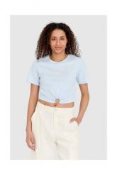 GUESS Niebieski t-shirt damski cropped fit piercing, Rozmiar M. Niebieskie t-shirty Guess, m, z aplikacjami, bez kołnierzyka, bez ramiączek. W wyprzedaży za 129.99 zł.