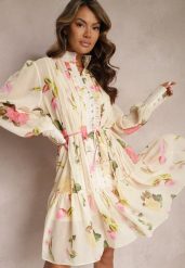 Jasnobeżowa Plisowana Sukienka Midi z Kwiatowym Wzorem z Paskiem i Guzikami Jazai. Brązowe sukienki Renee, m, bez wzorów, bez kołnierzyka, bez ramiączek, midi, rozkloszowane. Za 169.99 zł.