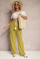 Jasnozielone Spodnie Palazzo z Szerokimi Nogawkami z Gumką w Talii i Kieszeniami z Klapami Weva. Zielone jeansy Renee, l, bez wzorów, z jeansu, eleganckie, z podwyższonym stanem. W wyprzedaży za 32.99 zł.